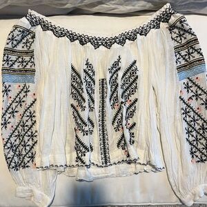 Free People White and Black Embroidered Off the shoulder Blouse